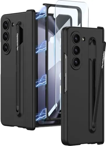 Wibrthz Hülle für Samsung Galaxy Z Fold 5 mit S Pen Halterung & S Pen, Luxus Case mit Magnetscharnierschutz und Vorderseite Displayschutzfolie, Harte PC Stoßfeste Schutzhülle(Schwarz+Schwarzer Stift)