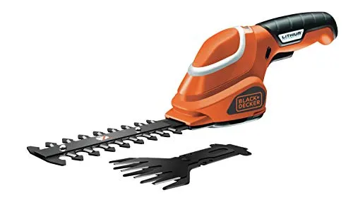 Black+Decker Akku-Strauch- und Grasschere werkzeugloser Klingenwechsel (7 V, Laufzeit ca. 50min, leichtes Gewicht inkl. Ladekabel und Ladestation, 3 Stufen-Ladestandanzeige) schwarz orange, GSL700