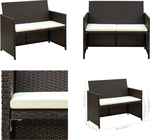 vidaXL 2-Sitzer Gartensofa Braun mit Polstern aus Poly Rattan