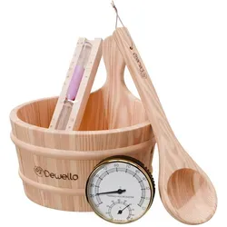 Dewello® Sauna Zubehör Set | Saunathermometer, Hygrometer, Sanduhr, Aufguss Eimer & Saunakelle - Umfangreiches Saunazubehör für Zuhause mit hitzebeständigem Aufgusskübel, präzisem Thermo-Hygrometer und eleganter Sanduhr – für das perfekte Saunaerlebnis.