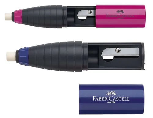 FABER-CASTELL 184401 - Radierer-Spitzer Kombi, farblich sortiert mit Drehverschluss und ergonomischer Griffzone für sauberes Spitzen