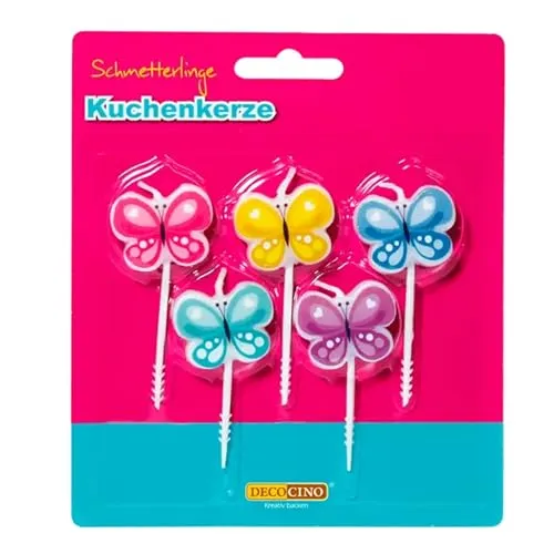 Decocino Kuchenkerze „Schmetterlinge“ Höhe ca.7 cm Back-Deko Torten-Deko Geburtstags-Deko 5 Kerzen-Schmetterlinge Kuchen, Muffins & Torten 32700 Mehrfarbig