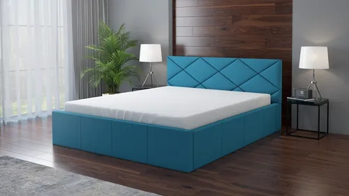 Polsterbett VIGI 90 x 200 mit Matratze und Bettkasten - Blau - Stylisches Polsterbett für Schlafzimmer oder Hotelzimmer. Mit hochwertiger, hypoallergener Matratze und praktischem Bettkasten für zusätzlichen Stauraum.