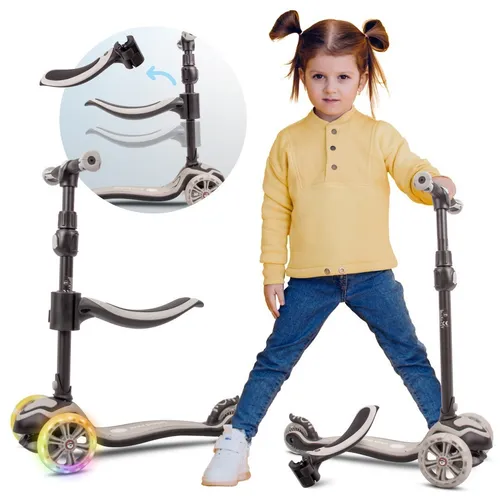 Kinderroller 3in1 LED grau - Roller für Kinder ab 3 Jahren, vielseitig nutzbar als Dreirad oder Scooter, mit leuchtenden LEDs für mehr Sicherheit und Spaß beim Fahren.