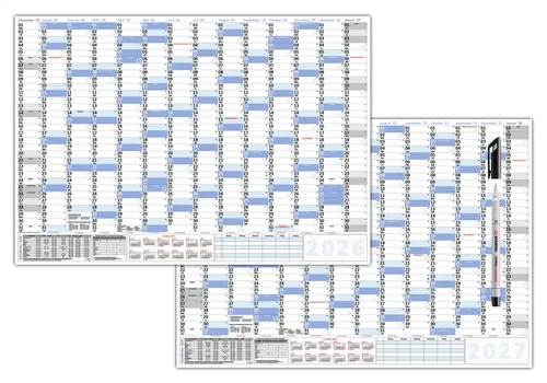 Wandkalender DIN B1 2026 + 2027 - Nass abwischbar mit Folienstift - Praktischer Wandkalender für 14 Monate, nass abwischbar und ideal für die Organisation. Hochwertige Folienbeschichtung, inklusive Folienstift. Perfekt für Zuhause oder Büro!