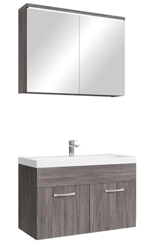 Badplaats Badkamermeubel Set Paso 02 80 cm x 40 cm - Grijs Eiken - Badmeubel met Wastafel en Spiegelkast (8719128568065)