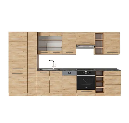 Vicco Küchenzeile Fame-Line, Goldkraft Eiche, 355 cm - Küchenzeile in Goldkraft Eiche mit eleganter Anthrazit-Arbeitsplatte, ideal für moderne Küchen und bietet ausreichend Stauraum.