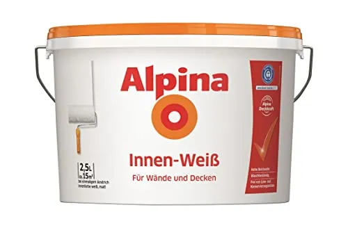 Alpina Wandfarbe Innen-Weiß 2,5 Liter matt - Farben für Wände und Decken, hochdeckend, waschbeständig, umweltfreundlich mit dem Blauen Engel, ideal für ca. 15 m²