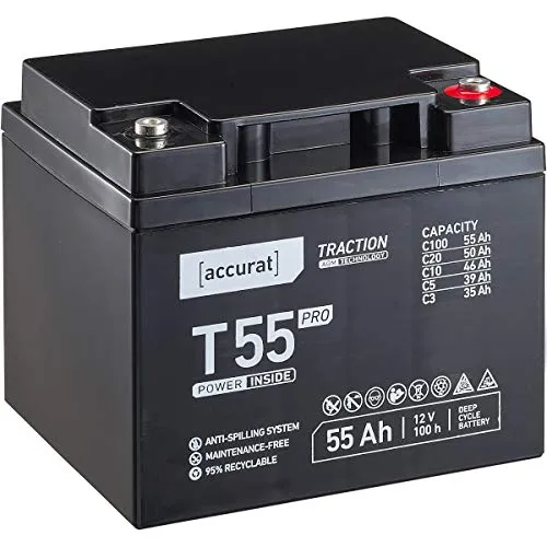 Accurat Traction T55 Pro AGM Bleiakku -12V, 55Ah, +30% Startleistung, wartungsfrei, zyklenfest -VRLA batterie, Bootsbatterie, USV Batterie, Versorgungsbatterie, Solarbatterie,Blei Batterie für Camping