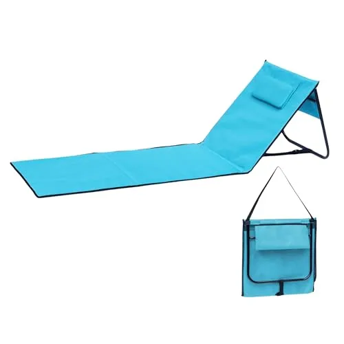 Spetebo Liegematte faltbar mit Verstellbarer Rückenlehne - hellblau - Strandliege 152 x 51 cm faltbar mit Tragegurt - Garten Liege Sonnenliege Camping Picknick Reise Urlaub mit Bodenmatte Staufach