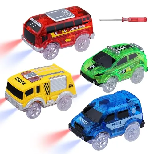 sikkeby Tracks Cars Ersatz nur Magic Toy Cars Glow in The Dark, Auto Track Rennwagen mit 5 blinkenden LED-Lichtern Kompatibel mit den meisten Tracks Kinder, Jungen und Mädchen (4 Pack)