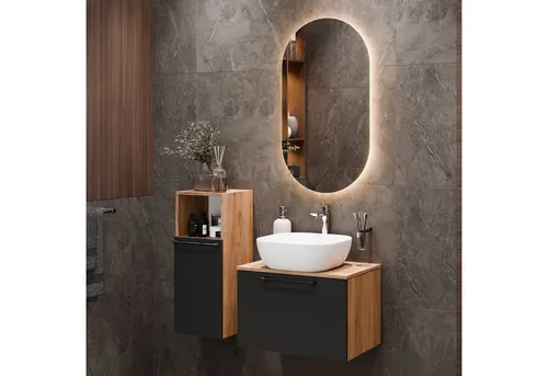 Planetmöbel Badmöbel-Set Astra, modernes 3-teiliges Set mit Waschbecken und Midischrank - Badmöbel-Set mit stilvollem Waschtisch, Waschbecken und praktischen Midischrank in modernem Design. Ideal für ein elegantes Badezimmer.