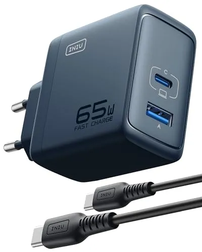 INIU 65W USB C Ladegerät, 2-Port [USB-C + USB-A] Mehrfach Netzteil, GaN II Schnellladegerät Steacker, USB C Power Adapter für MacBook iPad Pro/Air, iPhone 16 15 14 Pro Max, Galaxy S24, Google, usw
