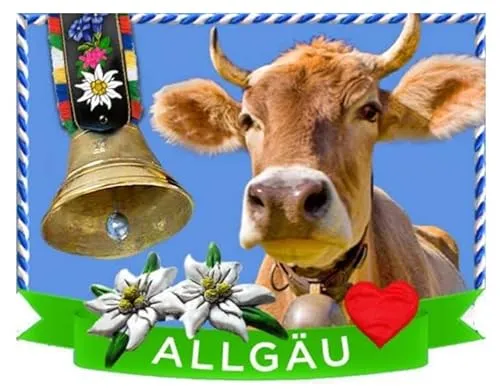 Allgäu Bayern Kuh Edelweiß Glocke Premium Magnet aus Poly Souvenir Germany