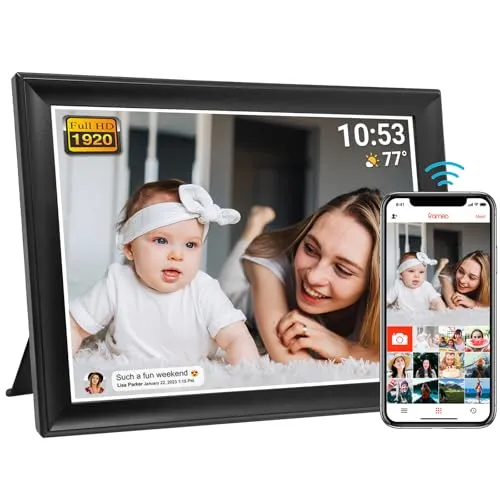 64GB FRAMEO 10.5 Zoll Digitaler Bilderrahmen WiFi - Teilen Sie Ihre schönsten Momente sicher über die Frameo App. Der 10,5 Zoll FHD Touchscreen mit 64GB Speicher bietet beeindruckende Funktionen und einfache Bedienung für alle Altersgruppen.