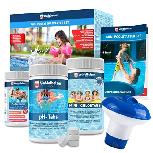 Veddelholzer Garten Poolpflege Mini 4 in 1 Reinigungsset - Poolpflege Set für kleine Pools & Whirlpools, inklusive Chlor Mini Tabs, Dosierschwimmer und Pooltester für optimale Wasserqualität.