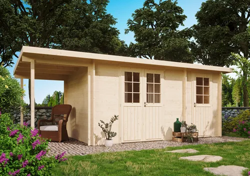 Fjordholz Gartenhaus Carin 44 B +SD - Massivholz für Ihren Garten - Massives Gartenhaus aus 44mm nordischer Fichte, extra hohe Türen für mehr Raumhöhe und flexible Gestaltungsmöglichkeiten. Ideal für Gartenliebhaber!
