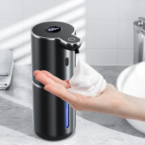 Seifenspender Automatisch mit digitaler Anzeige, Wandmontage, Berührungslos | 380ml, 6-Stufig Einstellbar, 3 Monate Akkulaufzeit, USB Wiederaufladbar, IPX5 Schaumseifenspender für Bad, Küche, Schwarz