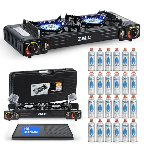 Z.M.C Premium Camping Gaskocher 2-flammig + Grillplatte + 24 Gaskartuschen 227g, Campingkocher mit Windschutz für Outdoor und Innenraum, Balkon Tisch Doppelgaskocher mit Piezozündung