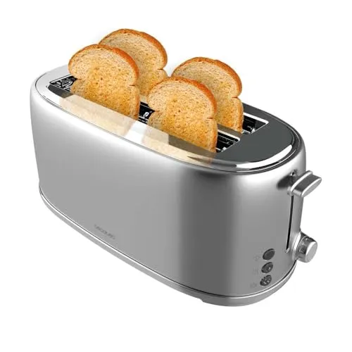 Cecotec Toaster 4 Scheiben Toast&Taste 1600 Retro Double Inox - Toaster für 4 Scheiben mit 3,8 cm breiten Doppelschlitzen, Edelstahl-Finish und 1630 W. Ideal für gleichmäßiges Bräunen und große Backwaren wie Croissants.