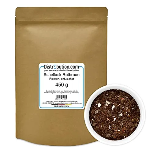 DistrEbution Schellack Rotbraun 450g - Entwachst für Hochwertige Polituren - Hochwertiger, entwachster Blätterschellack, ideal für feine Lackierungen und Versiegelungen. Perfekt für Restaurierungsprojekte und zur Herstellung von Lösungen für professionelle Anwendungen.