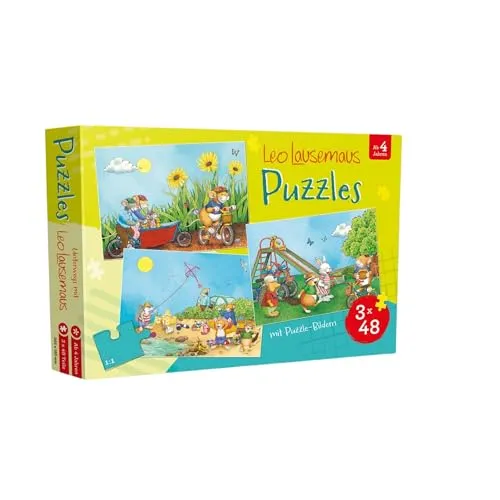 Leo Lausemaus Kinderspiel – 3 Puzzle ab 4 Jahren mit je 48 Teilen: Puzzle-Set für Kleinkinder mit Abenteuer-Motiven zur Förderung der Konzentration & Motorik