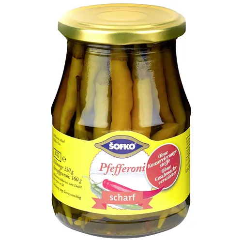 Sofko Pfefferoni ganze grüne scharf Pefferoni mit Stiel 330ml