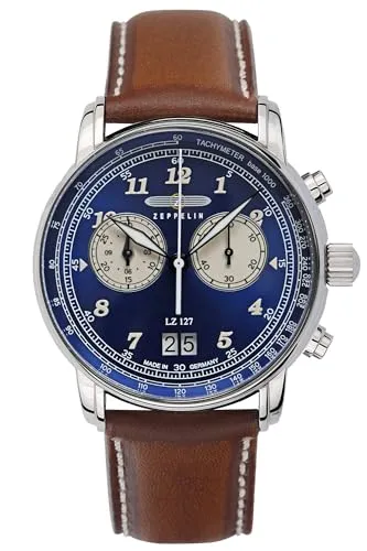 Zeppelin LZ127 Chronograph Quarz Ronda 5020.B - Elegante Herrenuhr - Chronographen mit klassischem Stil, präzisem Ronda Quarzwerk und großen Datumsanzeigen. Wasserdicht bis 5 bar und mit leuchtenden Zeigern für optimale Sichtbarkeit im Dunkeln.