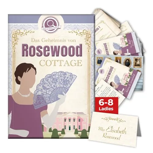 Mitmach-Krimi Spiel Rosewood Cottage - Krimi Dinner für 6-8 Ladies - Erlebe ein spannendes Krimi-Dinner im England des Jahres 1815! Perfekt für elegante Abende mit Freunden: Enthülle Geheimnisse und finde die Mörderin im stilvollen Ambiente des Rosewood Cottage.