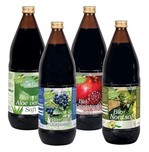 KOPP Vital® Kennenlern-Biosaftbox | 4 Flaschen à 1 Liter | Aloe-Vera-Saft | Granatapfelsaft | Aroniasaft | Nonisaft | 4 unserer Besten Bio-Säfte | Bio-zertifiziert