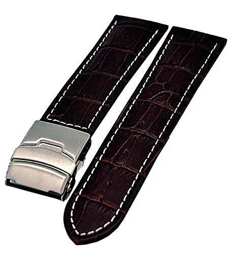 Uhrenhuette Uhrenarmband mit Faltschließe 22mm braun mit weisser Naht 3942
