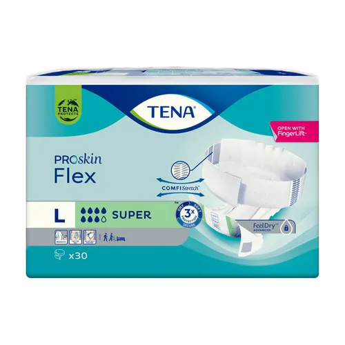 TENA ProSkin Flex Super L, 30 Stück - Inkontinenzhilfen mit integriertem Befestigungsbund und hochabsorbierendem Saugkern für optimale Auslaufsicherheit. Dermatologisch getestet für gesunde Haut und optimalen Tragekomfort.