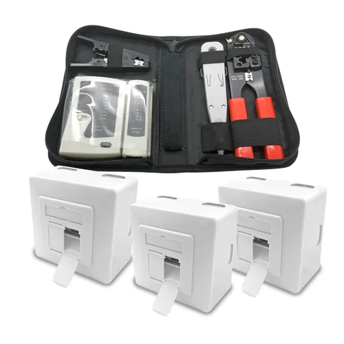 ARLI Netzwerk-Adapter Set mit 3x Cat6a Netzwerkdose und Werkzeugset - Umfassendes Handwerkzeugset mit Crimpzange, Kabeltester und mehr. Ideal für die Installation und Wartung von Netzwerken. Alle Werkzeuge in einer praktischen Tasche geschützt.