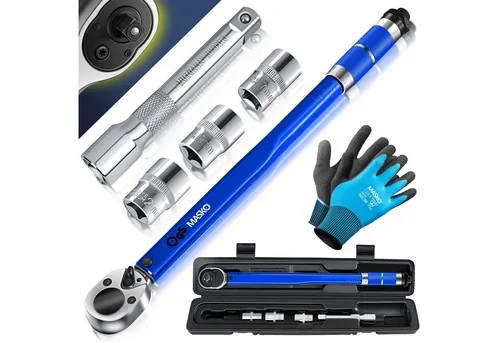 MASKO® Drehmomentschlüssel 6tlg. Set 40-210Nm - Drehmomentschlüssel-Set mit 3 Stecknüssen und Verlängerung, präzise Anzugstoleranz von +/- 4%, ideal für Auto- und Fahrradwerkstätten, inklusive praktischer Transportbox.