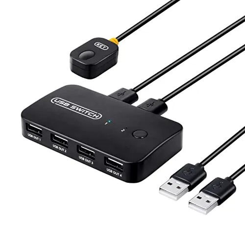 TCNEWCL USB Switch 2 In 4 Out - KVM-Switch für 2 PCs, ermöglicht einfache gemeinsame Nutzung von 4 USB-Geräten, Plug&Play mit Ein-Tasten-Schalter und LED-Anzeige für müheloses Umschalten.