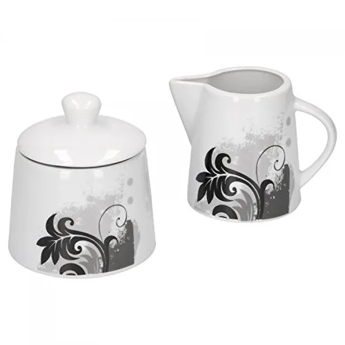 Van Well 2-TLG. Geschirr-Set Black Flower | Zuckerdose + Milchkännchen | Zuckerspender mit Deckel + Milch-Gießer | modern | edles Hotel-Porzellan