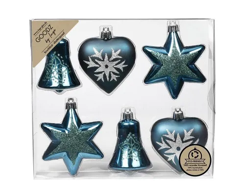 Weihnachtskugeln, 6 Stk. 9 cm, Petrol, Formen-Mix, Kunststoff, Christbaumschmuck