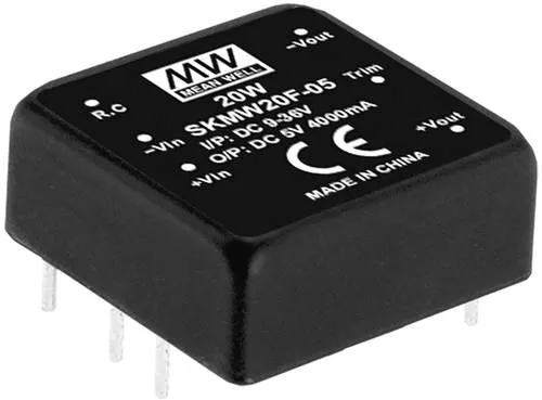 MEAN WELL SKMW20F-12 DC/DC-Wandler 20W - Kompakter DC/DC-Wandler mit 1 Ausgang, ideal für IoT und Telekommunikation. Hohe Leistungsdichte, breiter Spannungsbereich und robuste Temperaturbeständigkeit.