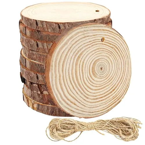 Kurtzy 10 Stk Naturbelassene Kleine Holzscheiben mit Löchern & Schnur 10-12 cm Durchmesser, 10 mm Dick - Rustikale Holzscheiben zum Basteln - Deko Baumscheiben mit Rinde für DIY & Weihnachten