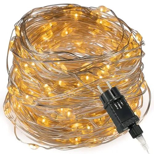 Nipach GmbH 200 LED Lichterkette Silberdraht warm-weiß für Außen IP44 Außen-Trafo 6h-Timer Weihnachtsbeleuchtung 19,9m Weihnachtsdekoration Party Xmas