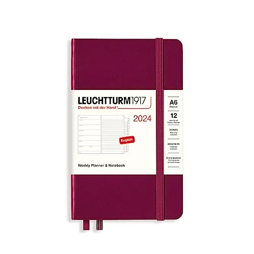 LEUCHTTURM1917 367737 Wochenkalender & Notizbuch Pocket (A6) 2024, 12 Monate, Port Red, Englisch