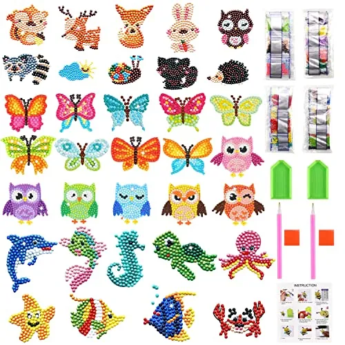 UGBO DIY Diamond Painting Sticker für Kinder DIY Diamant Aufkleber Set Tiermalerei Klein Tiere Bilder Malerei Kit DIY Diamant Painting Kit für Kinder Junge Mädchen Erwachsene Anfänger (34 Stück)