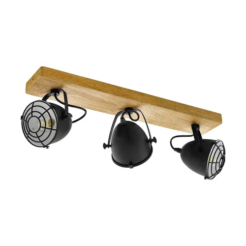 Schwarze 3-flammige Deckenlampe im Landhausstil - Kinderlampen mit schwenkbaren Spots aus Metall und Holz, ideal für gezielte Ausleuchtung und faszinierende Lichtspiele im Raum.