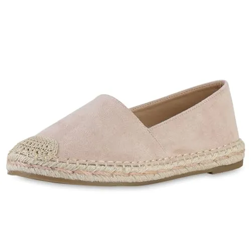 VAN HILL Damen Espadrilles Flach Bast Bequem Schuhe 215165 Rosa 37
