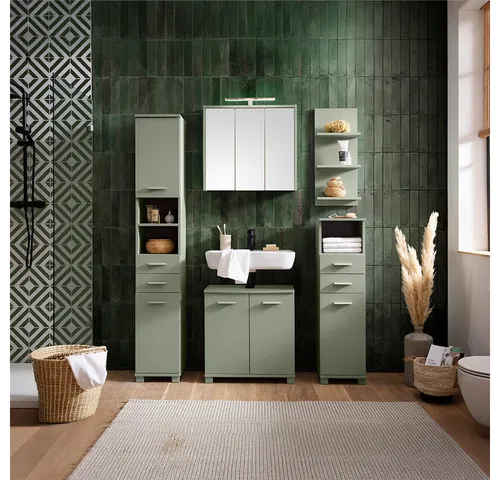 Badmöbel Set 5-teilig in Pistazie mit Spiegelschrank - MANDI-80 - Modernes 5-teiliges Badmöbel Set in Pistazie, inklusive Spiegelschrank mit integrierter LED-Beleuchtung. Ideal für stilvolle Aufbewahrung und eine einladende Atmosphäre im Badezimmer.