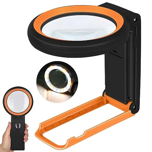 Produktbild KIBTOY Lupe mit Licht und Ständer, Leselupe mit 18 LEDs und 3 Lichtmodi, Echte Glaslinsen Dimmbare Faltbare Großlupe für Senioren, Münzen, Makuladegeneration (Schwarz)