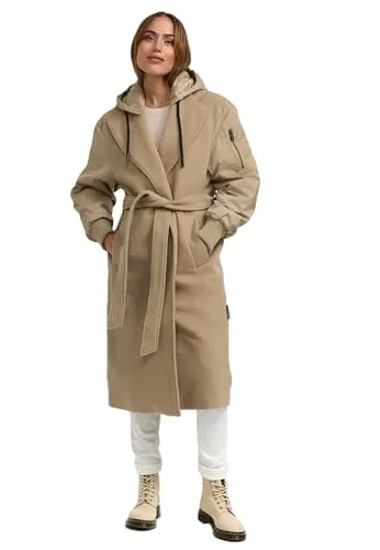 MARIKOO Damen Winterjacke (XS-3XL) - Wickelmantel, Taillierungsband, Kapuze über Knöpfe abnehmbar, Warme Jacke Frauen - N016 (L, Sand-Beige)