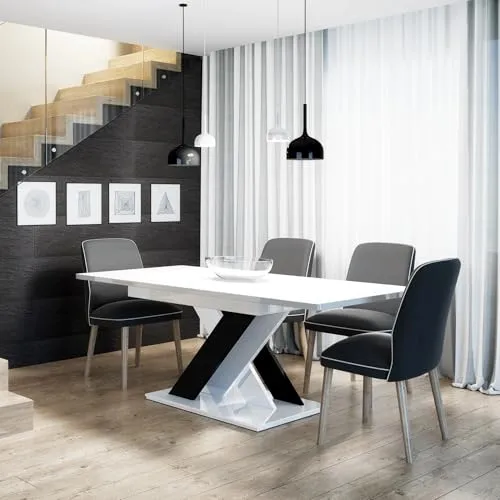 PROROOM FURNITURE - Onyx - Esstisch Ausziehbar auf 180 cm - 140x80x75 cm - Modern - Dinner Table - Esszimmertisch - Tisch für Esszimmer, Wohnzimmer - Ausziehtisch - Weiß & Schwarz Glanz