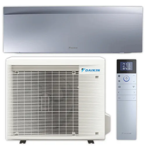 DAIKIN Split Klimaanlage Set | Emura 3 | FTXJ42A+RXJ42A9 | Silber | 4,2 kW - Ideal für Räume bis 50 m². Kühlen, Heizen und Lüften mit einem eleganten Design. Ausgestattet mit intelligentem Thermosensor für effiziente Raumklimatisierung.