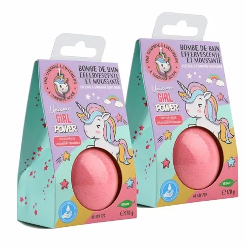 Home-Flair Einhorn Badebombe - große Badekugel - Rosa 170g Schaum-Effekt - VEGAN - mit Überraschungsanhänger (Einhorn, 2 Kugeln)